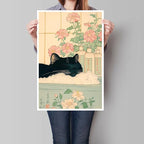 Relaxation Japanese Poster Print Cute Black Cat Wall Art Decor Bathtub Pink Flowers and Green Leaves Picture Canvas Minimalist Japan Artwork for Bathroom Bedroom Toilet Kids Room 24x36inch Unframed