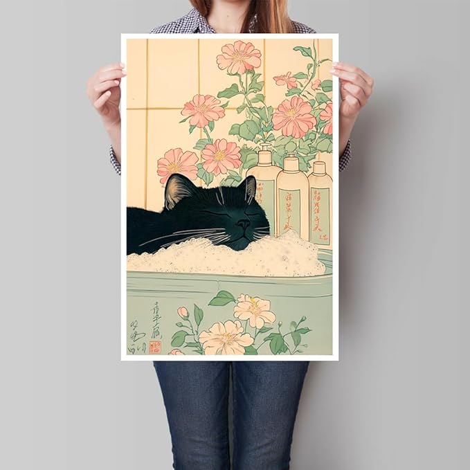 Relaxation Japanese Poster Print Cute Black Cat Wall Art Decor Bathtub Pink Flowers and Green Leaves Picture Canvas Minimalist Japan Artwork for Bathroom Bedroom Toilet Kids Room 16x24inch Unframed