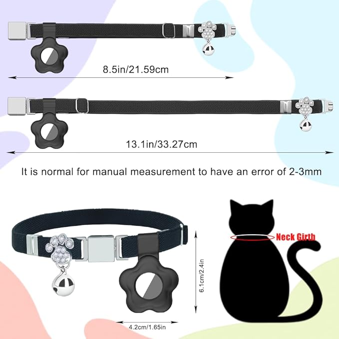 Personalized Safety Elastic Cat Collars with Bell Soft Silicone Cover for Air Tag,Laser Customized Stretch Kitten Collars for Girls Boys Cats (Black)