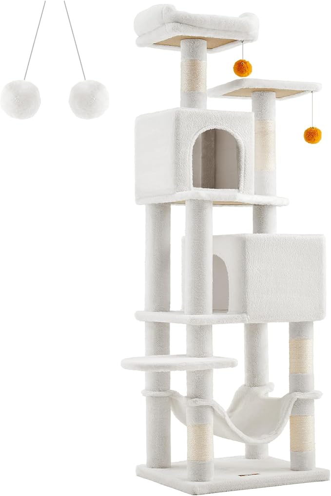Feandrea Cat Tree, 61-Inch Cat Tower for Indoor Cats, Plush Multi-Level Cat Condo with 5 Scratching Posts, 2 Perches, 2 Caves, Hammock, 2 Pompoms, Cream White UPCT192T01