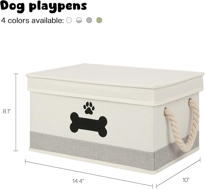 Dog Toy Basket with Lid, Dog Basket for Toys, Dog Toy Box with Cotton Rope Handles, Collapsible Storage Bins for Dog Toys, Dog Storage Organizer, Beige-Gray