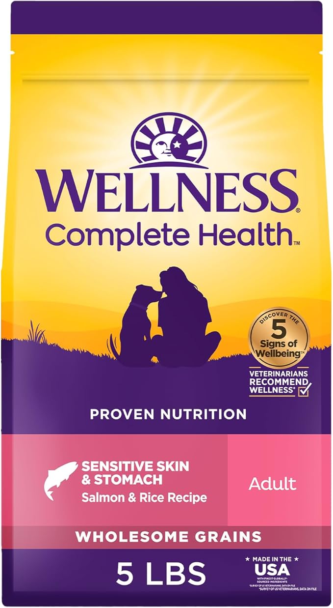 Wellness Complete Health Sensitive Skin & Stomach Dry Dog Food, Wholesome Grains, Natural, Salmon & Rice Recipe, (5-Pound Bag)