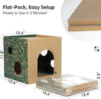 Cardboard Cat House with 2PCS Scratcher Pads Large Cat Scratchers Lounge Bed for Indoor Cats Cat Scratching Board & Cat Scratcher Box for Bunny/Cats Animals.(Green-Graffiti)