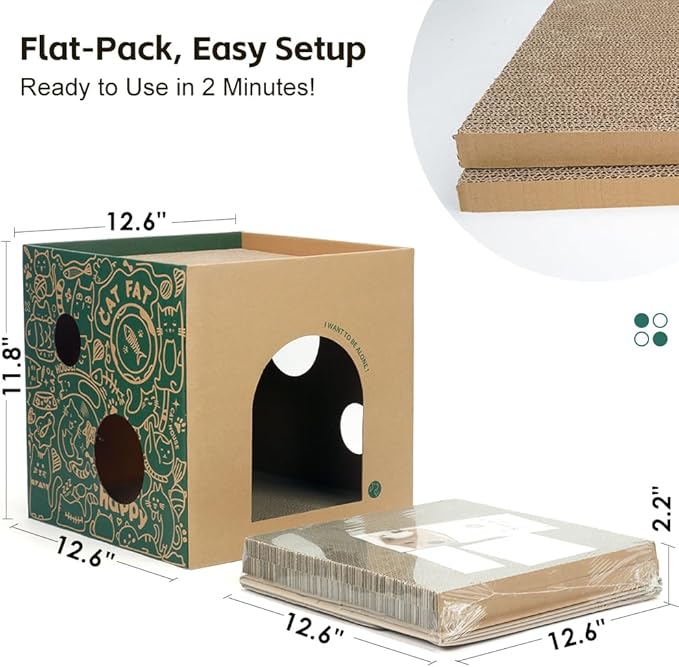 Cardboard Cat House with 2PCS Scratcher Pads Large Cat Scratchers Lounge Bed for Indoor Cats Cat Scratching Board & Cat Scratcher Box for Bunny/Cats Animals.(Green-Graffiti)