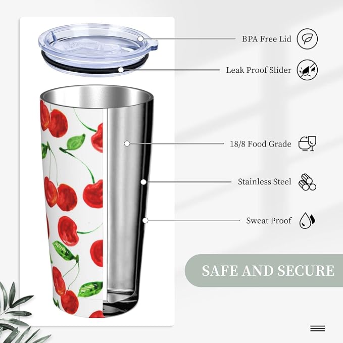Dujiea 20oz Tumbler With Lid And Straw, Sweet Red Cherry Vacuum Insulated Iced Coffee Mug Reusable Travel Cup Stainless Steel Water Bottle
