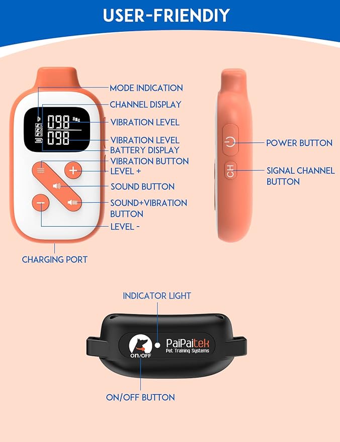 PaiPaitek Vibrating Dog Collar No Shock, 3300ft Range Dog Beep Collar with Remote, IPX7 Waterproof Rechargeable No Shock Training Collar for 5-120 lbs All Breeds - No Prongs