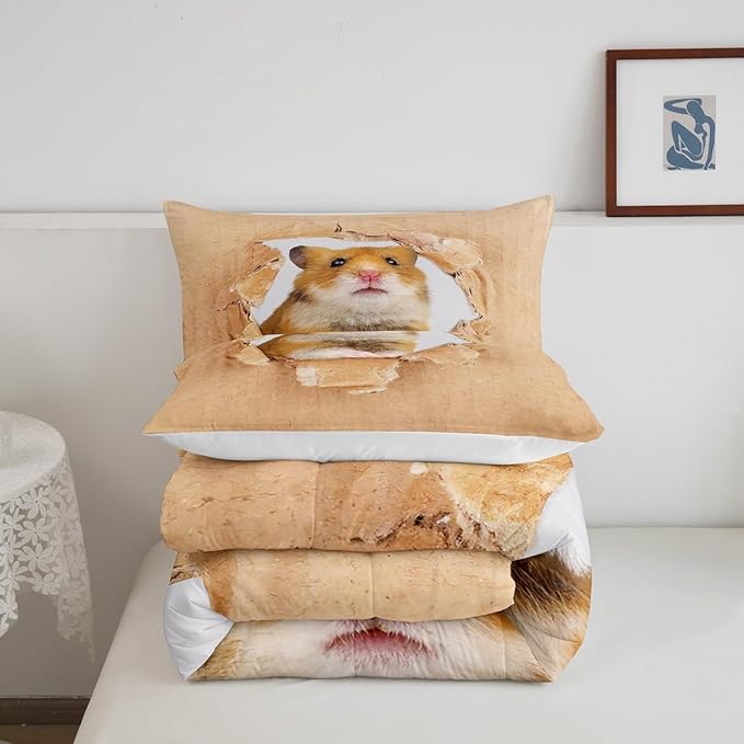 Erosebridal Hamster Comforter Set Twin Size Brown Mouse Bedding Set 3D Cute Animal Down Comforter Kawaii Pet Bedroom Decor Warm Soft Quilt Set for Kids Boys Girls Teens