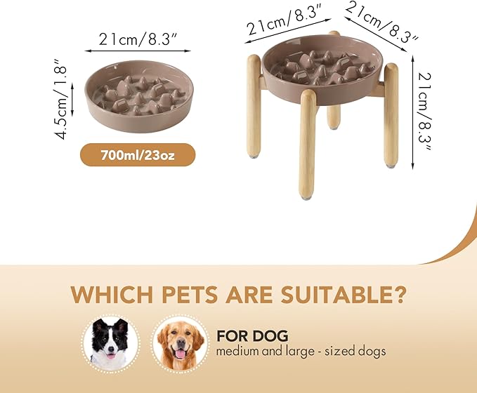 8.2inch Ceramic Dog Raised Slow Feeder Set, Elevated Bowl with Wooden Stand for Large and Medium Dog, Slow Feeder Dish for Fast Easters, Stop Bloat(Brown Coffee, Single Bowl+ Stand)