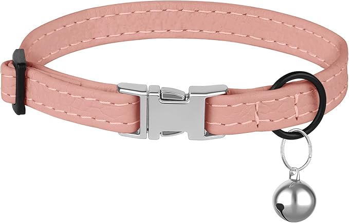 Leather Cat Collar with Buckle and Removable Bell - Non Breakaway Adjustable Soft Safety Small Pet Collars for Girl Boy Cats Kitten (Flamingo)