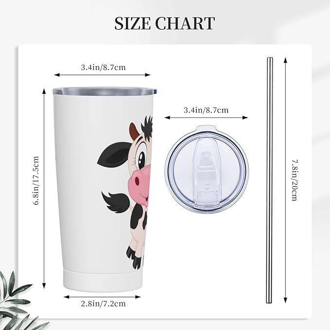 Dujiea 20oz Tumbler With Lid And Straw, Cute Cartoon Milk Cow Vacuum Insulated Iced Coffee Mug Reusable Travel Cup Stainless Steel Water Bottle