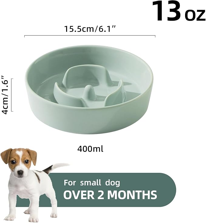 6.1inch Ceramic Dog Bowl Slow Feeder for Small Dog, Pet Slow Feeder, Stop Bloat, Preventing Choking(Single Bowl-Light Green)