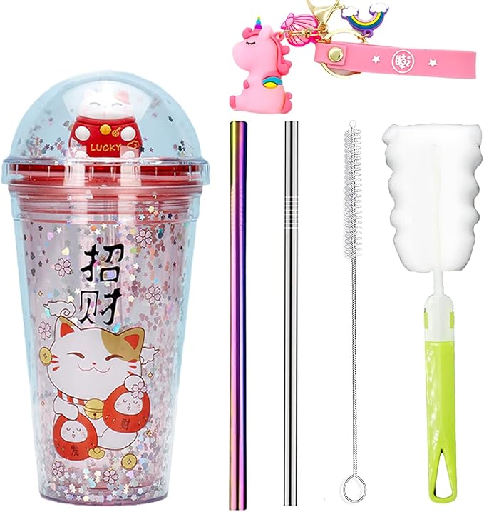 Lucky Cat Cups with Straw Paty Kitten Travel Drinking Tumblers Plastic Water Bottle Birthday Gift (red cat, 6.5 * 20 cm)