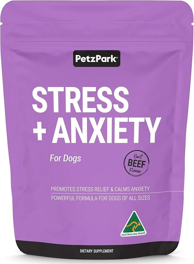 Stress and Anxiety Supplement for Dogs - Calming Dog Powder Supplement - Decreases Stress, Calms Fear & Anxiety, Eases Aggression & Insomnia, Relaxes Body and Mind - Beef Flavour - 3.2oz - 45 Scoops