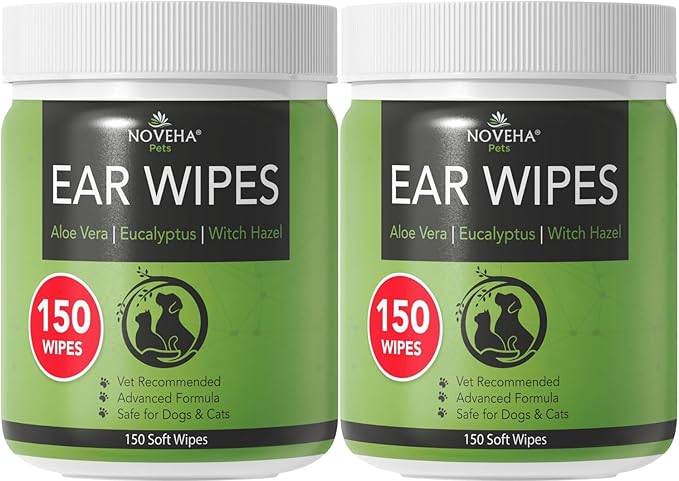 NOVEHA - Dog Ear Cleaner Wipes, Daily Ear Cleaner for Dogs & Cats - Stop Ear Itching with Aloe, Eucalyptus & Witch Hazel Ear Wipes for Dogs - for Odor Control, Dirt and Wax Removal, Unscented (300 Ct)