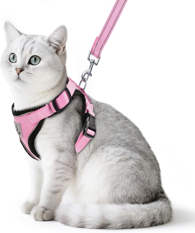 PUPTECK Cat Harness and Leash Set Escape Proof Reflective Cat Walking Harness Adjustable Soft Breathable Mesh Vest for Small Pets, Light Pink, S