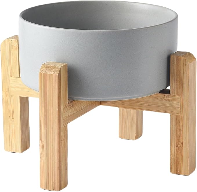 6'' Ceramic Raised Dog Bowl - 30Oz Dog Food & Water Bowl with Elevated Non-Slip Bamboo Stand, Dishwasher & Microwave Safe, Anti Vomiting Heavy Duty Pet Bowl for Small and Medium Dogs, Grey