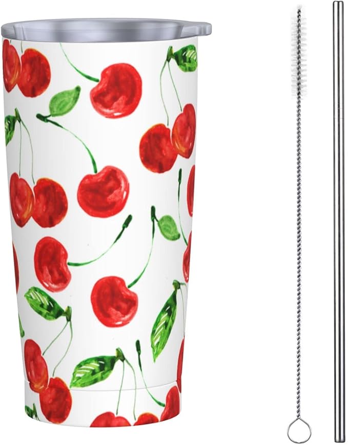 Dujiea 20oz Tumbler With Lid And Straw, Sweet Red Cherry Vacuum Insulated Iced Coffee Mug Reusable Travel Cup Stainless Steel Water Bottle