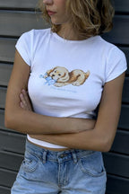 Y2k Womens Graphic Baby Tee Slim Fit Short Sleeve Crop Tops Funny Letter Animal Print Shirts 90s 2000s Streetwear