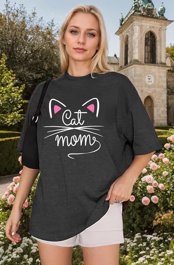 Cat Shirts for Women Cute Cat Mom Oversized Shirt Funny Pet Graphic Tees Y2k Teen Girl Clothes