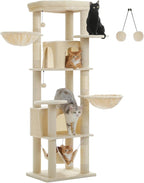 Tall Cat Tree for Indoor Cats Large Adult, 71.2" Multi-Level Cat Tower with 2 Spacious Condos, 3 Hammocks, Super Large Top Perch, 2 Pompoms, Beige