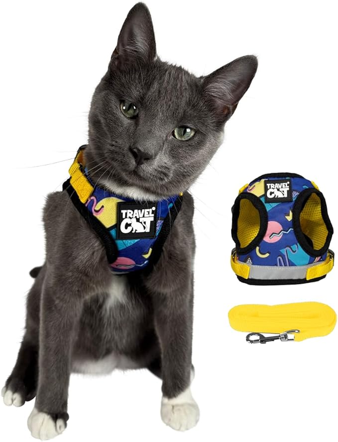 Travel Cat Harness and Leash Set - Adjustable Fit Harness and Reflective Strap - Comfort Walking Vest for Kitten for Outdoor Walking, Hiking (Medium, 90s Cat)