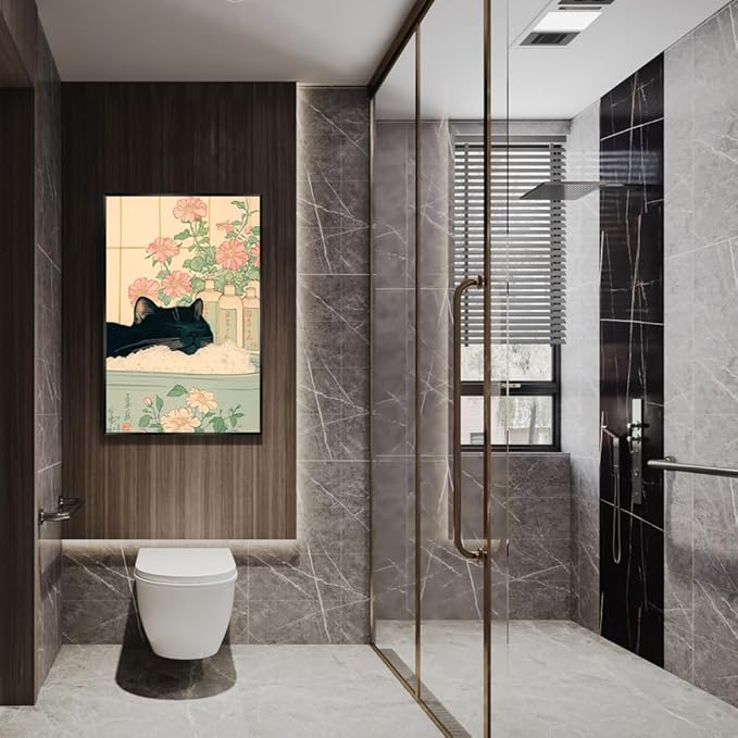 Relaxation Japanese Poster Print Cute Black Cat Wall Art Decor Bathtub Pink Flowers and Green Leaves Picture Canvas Minimalist Japan Artwork for Bathroom Bedroom Toilet 12x16inch Metal Black Frame