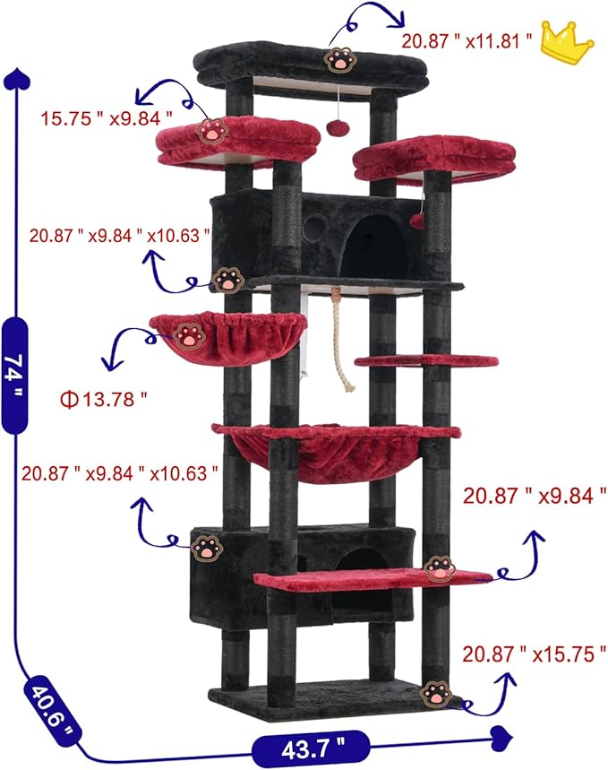Cat Tree for Indoor Cats Large Adult, 74" Cat Tower for with 3 Big Platforms, 2 Baskets, 2 Condos, Multi-Level Cat Scratching Posts, Black and Red GCT030BR