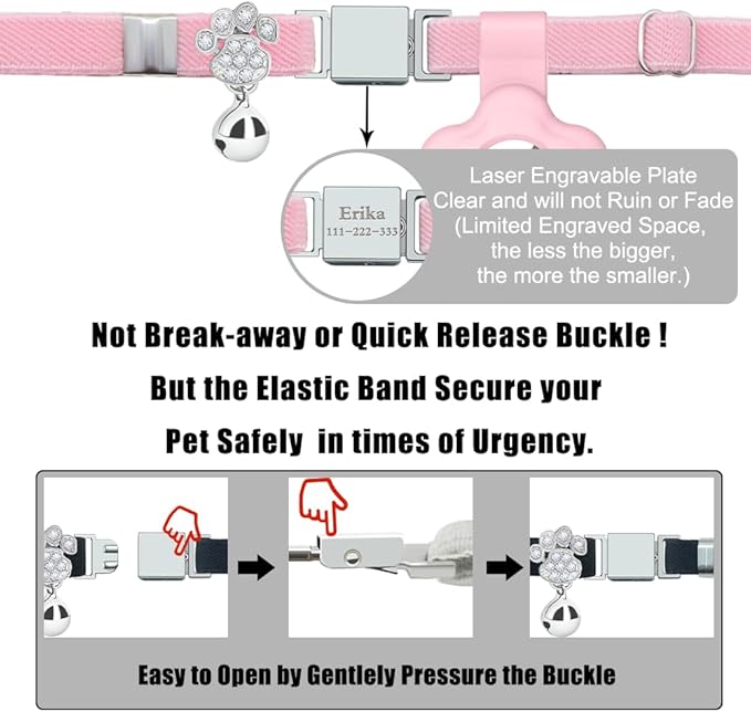 Personalized Safety Elastic Cat Collars with Bell Soft Silicone Cover for Air Tag,Laser Customized Stretch Kitten Collars for Girls Boys Cats (Pink)