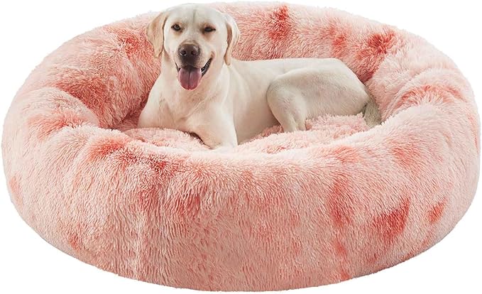 45 inches Donut Dog Bed for Extra Large Dogs,Calming Fluffy Round Jumbo Pet Bed with Removable & Washable Cover, Fits up to 150 lbs Pets (Tie-dye Pink,XL)
