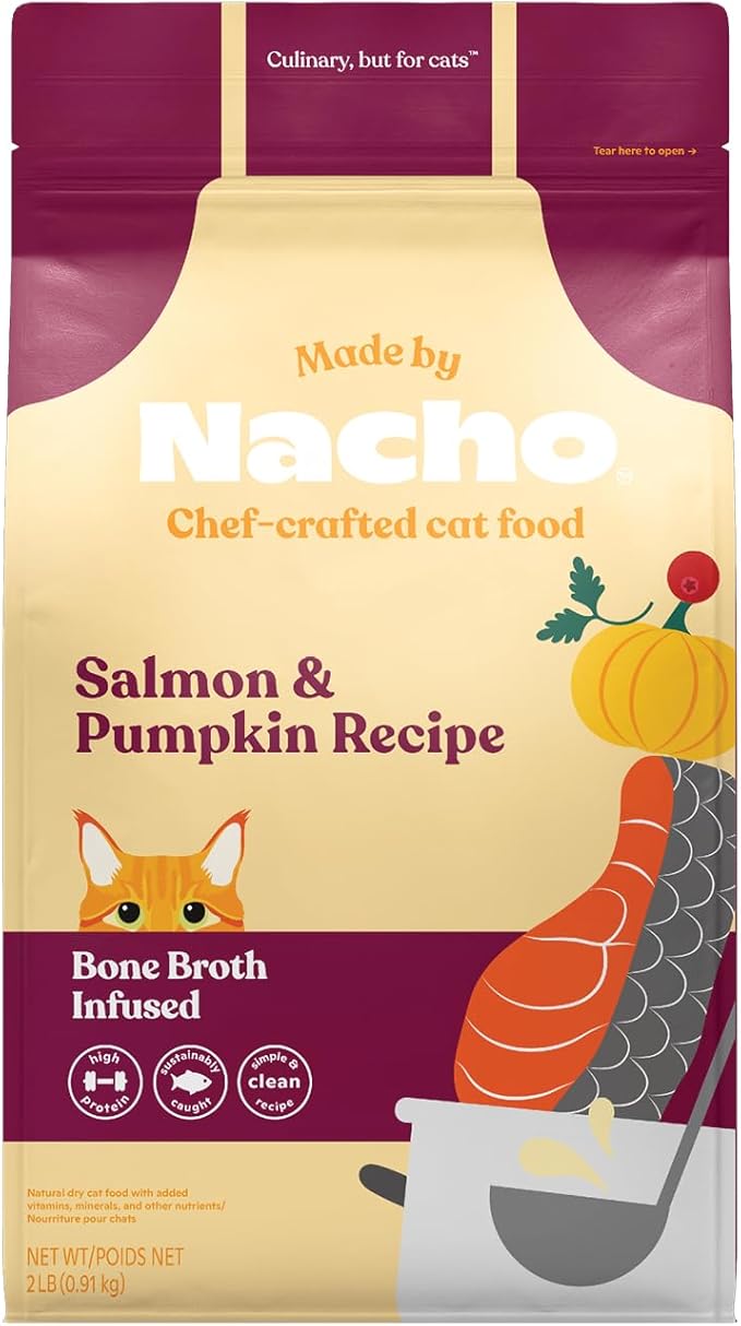 Made by Nacho Dry Cat Kibble 2lb Bag, High Protein and Grain-Friendly Premium Cat Food, Sustainably Caught Salmon and Pumpkin, Infused with Bone Broth for Hydration, Limited Ingredients, Single Bag