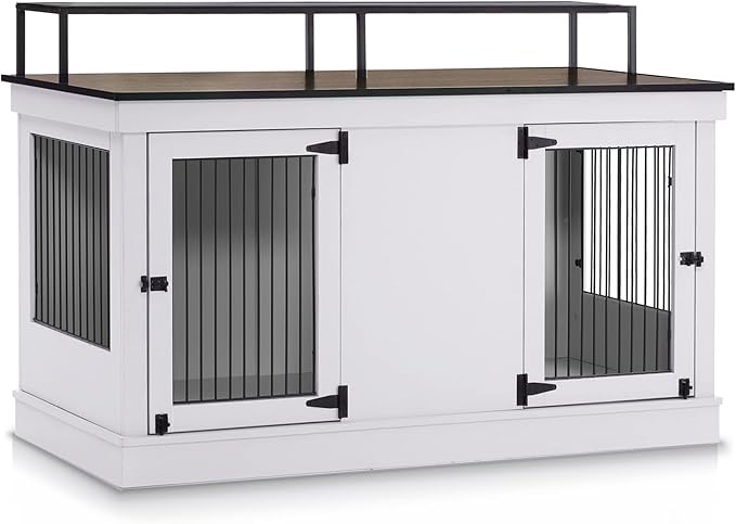 MCombo Large Dog Crate Furniture TV Stand, Wooden Pet Kennel with Double Doors, Indoor Furniture Style Dog House End Table, 1861 (Light Grey)