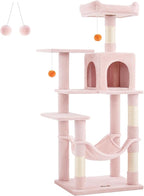 Feandrea Cat Tree, 56.3-Inch Cat Tower for Indoor Cats, Multi-Level Cat Condo with 4 Scratching Posts, 2 Perches, Hammock, Cave, Jelly Pink UPCT161P01