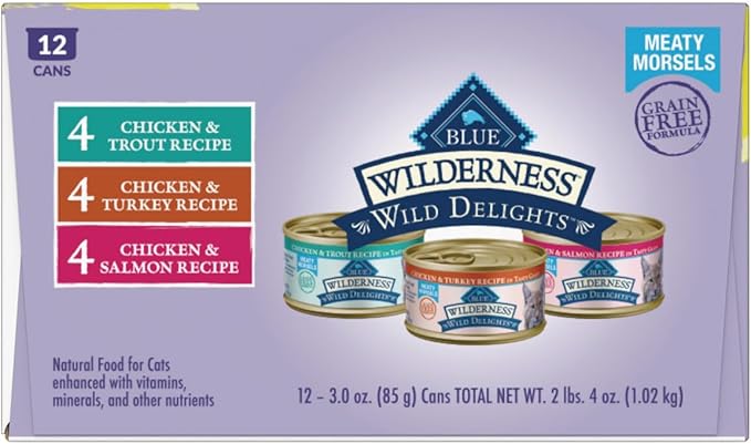 Blue Buffalo Wilderness Wild Delights High Protein Grain Free, Natural Adult Meaty Morsels Wet Cat Food, Ⲥhicken & Turkey, 𝙲hicken & Trout, 𝐂hicken & Salmon 3-oz cans (12 count - 4 of Each Flavor)