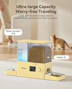 Rojeco 36Cups/8.5L Pet Automatic Cat Feeder and Gravity Water Dispenser,Stainless Steel Bowls 2-in-1 Set Large Capacity 5L Food Feeder and 3.5L Water Fountain for Cats,Pets,Small Dogs,Yellow