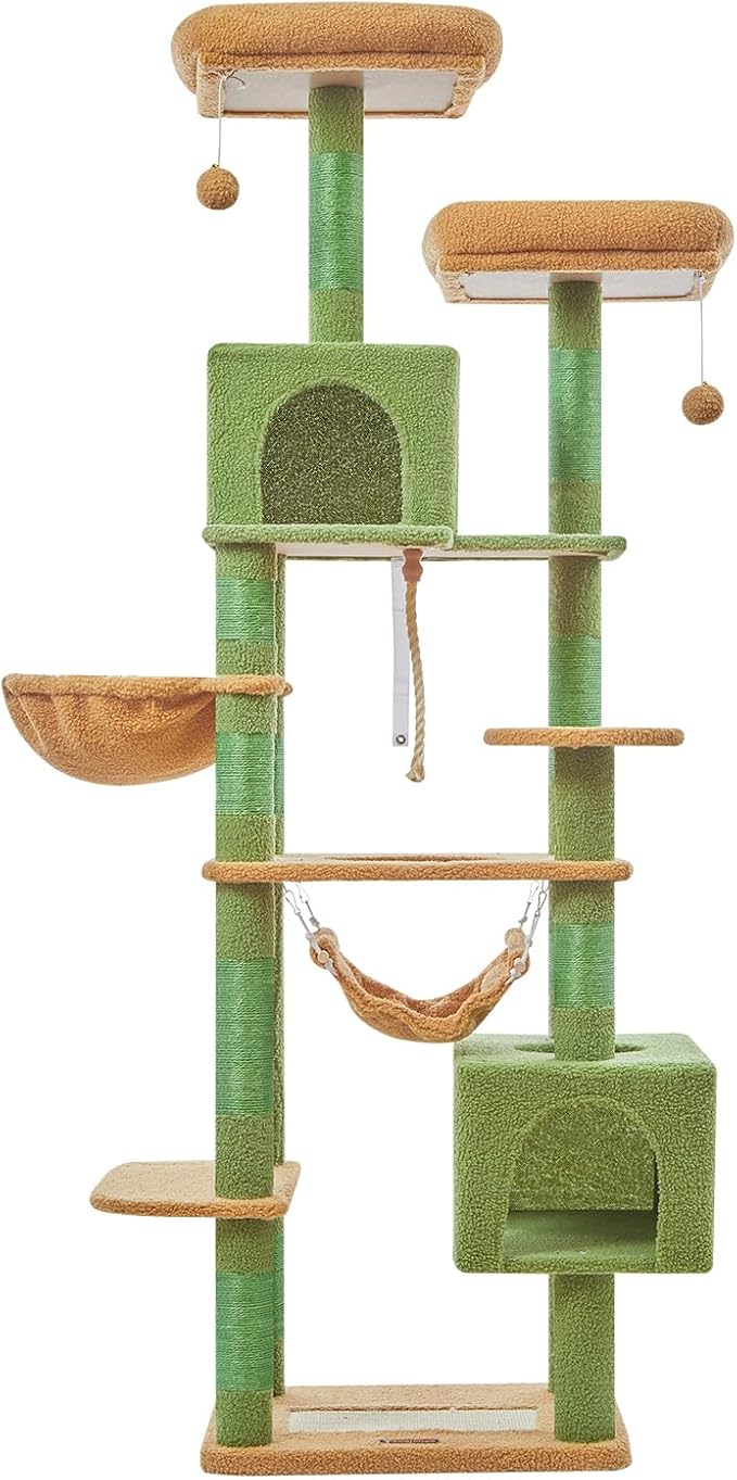 Taoqimiao Cat Tree, 71-Inch Cat Tree Cat Tower for Indoor Cats, Plush Multi-Level Cat Condo with 10 Scratching Posts, 2 Perches,Basket, 2 Caves,Hammock, 2 Pompoms,MS020T Cactus