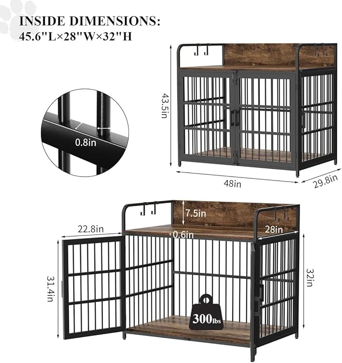 Dog Crate Furniture, 48" Heavy Duty Wooden Dog Crate End Table, XL Dog Kennel Furniture Large Breed, Decorative Dog Kennel Indoor, Double-Door Dog House