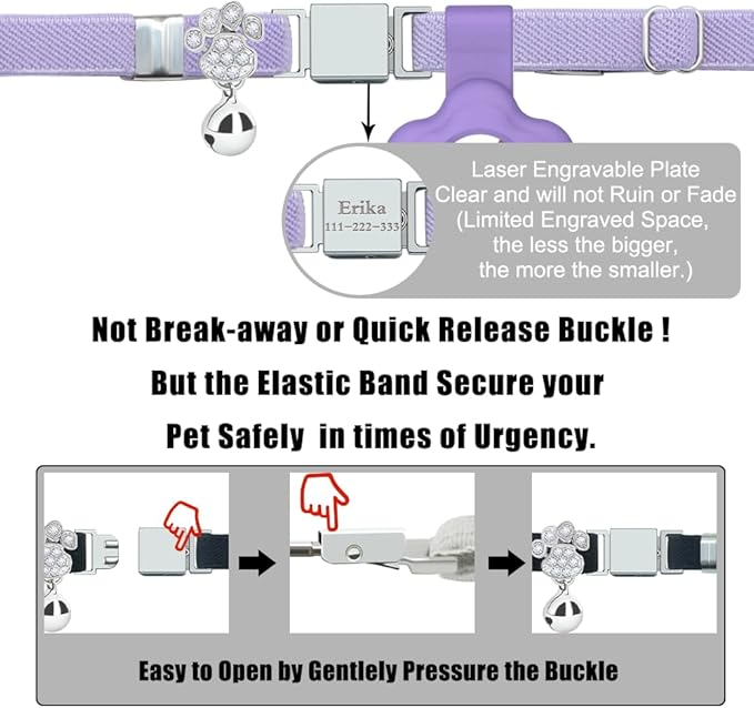 Personalized Safety Elastic Cat Collars with Bell Soft Silicone Cover for Air Tag,Laser Customized Stretch Kitten Collars for Girls Boys Cats (Purple)