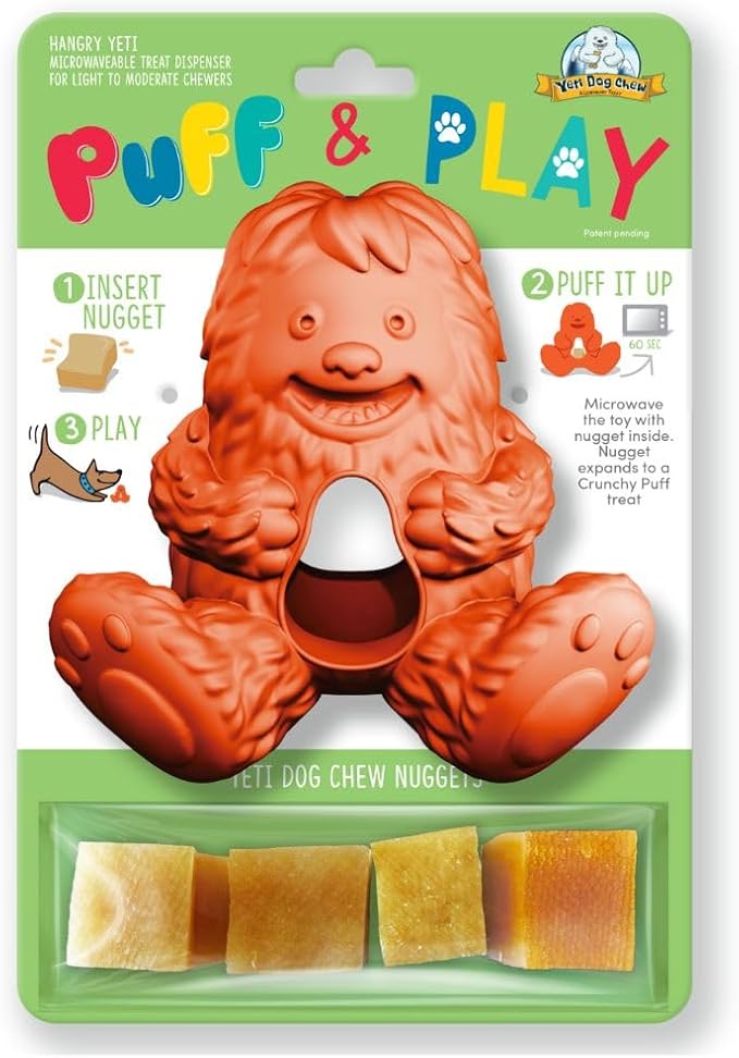Yeti Dog Chew Puff and Play Interactive Dog Toys, Nuggets Dog Treat Dispenser Puzzle, Fun Stimulating Chew Toy for Teething, Behavior Training for Light to Moderate Chewers, Yeti Orange