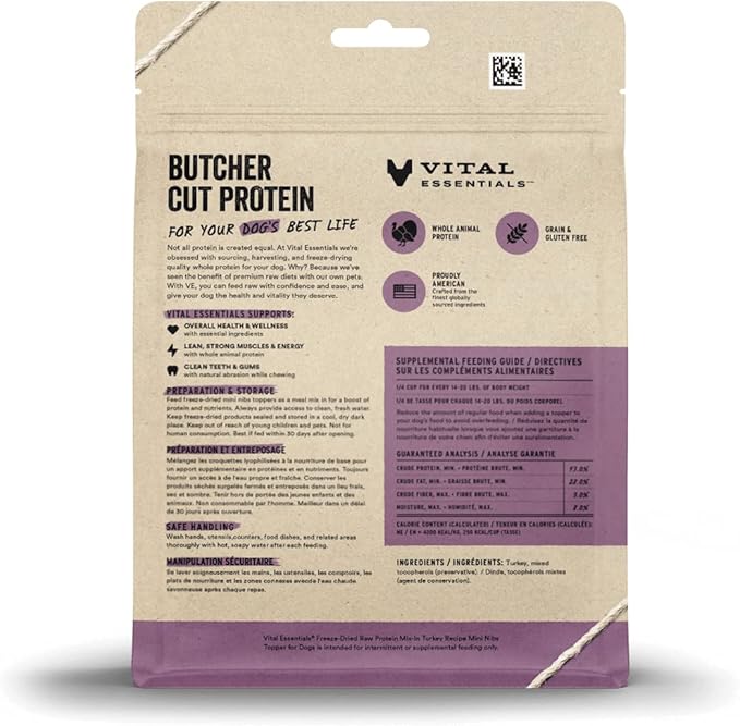 Vital Essentials Freeze Dried Raw Protein Mix-in Dog Food Topper, Turkey Mini Nibs Topper for Dogs, 6 oz