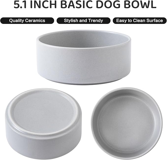 Elevated Ceramic Dog Bowl Set - Raised Dog Bowls with Non Slip Bamboo Stand, Food and Water Bowl Set for Kitty, Cats and Toy Breed Dogs, Pet Bowls, Weighted Dogs Dishes (5.1'', 2*16OZ, Grey)