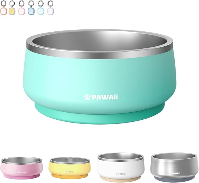 Pawaii Stainless Steel Dog Bowl with Non-Slip Rubber Base & Double Wall Insulation - Durable Design | Includes ID Tag | Dishwasher Safe Food & Water Bowl for All Dogs (34oz)