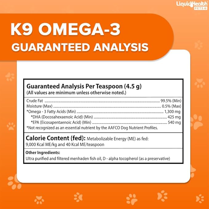 Liquid Health Pets K9 Omega 3 Fish Oil for Dogs - Liquid Omega 3 Supplement for Pets with EPA + DPA + DHA - Reduce Itching & Shedding, Support Joints, Immunity, Brain & Heart Health - USA Made (16 oz)