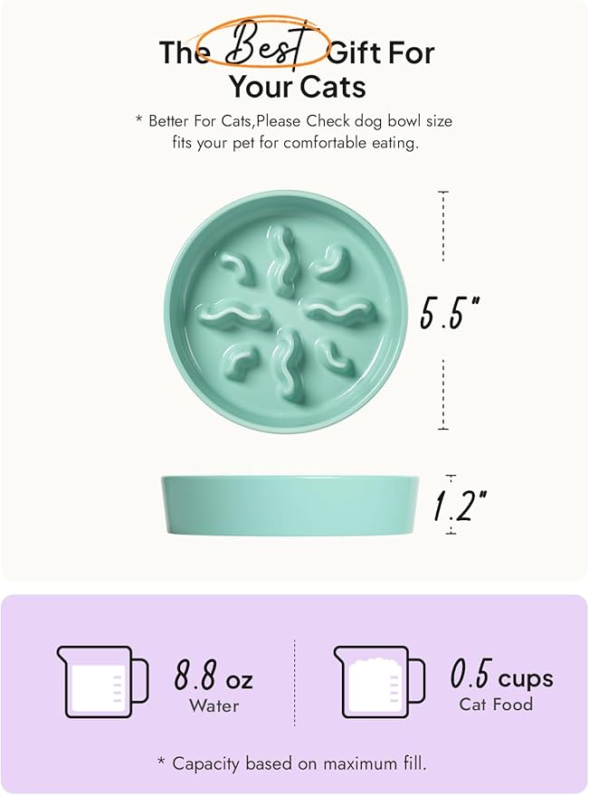 Ceramic Slow Feeder Dog Bowls Small Breed, 0.5 Cups Dog Food Dish for Fast Eaters, Puzzle Bowl for Small Dogs and Cats, 5.5 Inch-Turquoise