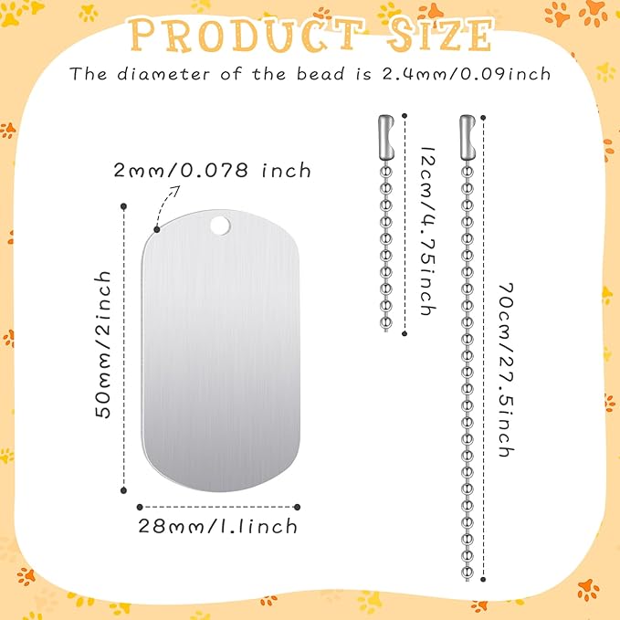 20 Pieces Military Dog Tags Set Including 10 Stainless Steel Army Blank Dog Tags 10 Steel Chains Personalized Pet Oval Pendant Necklaces for Stamping Engraving DIY Halloween Craft(Silver)