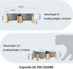 SPUNKYJUNKY 15° Slanted Ceramic Dog and Cat Bowl with Wooden Stand, Tilted Bulldog Food and Water Bowl No Slip Non-Spill for Cats Medium Dogs Big Face Pets 28.7 OZ (3.6 Cups, White-Grey × 2)