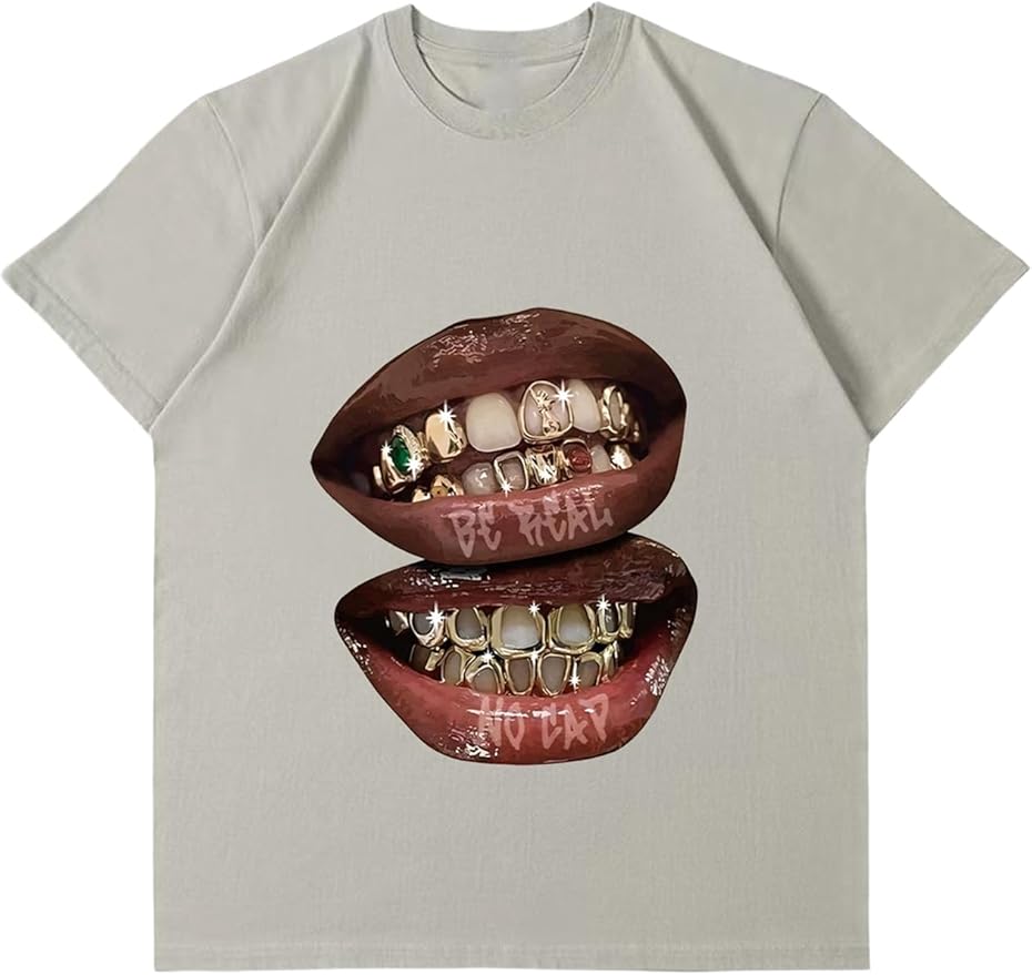 Verdusa Women's Lips Print Graphic Tees Y2k T Shirts Summer Crew Neck Vintage Going Out Tops