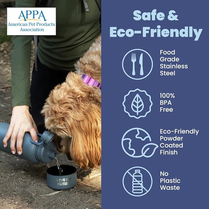 Dog Water Bottle for Dog Lovers - 32 oz Stainless Steel Double Wall Insulated Water Bottle with 8 oz Detachable Bowl on Bottom- Ideal Doggy Lover Gift for Hiking, Walking, Travel - “Love Smoky Grey