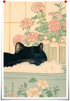 Relaxation Japanese Poster Print Cute Black Cat Wall Art Decor Bathtub Pink Flowers and Green Leaves Picture Canvas Minimalist Japan Artwork for Bathroom Bedroom Toilet Kids Room 24x36inch Unframed