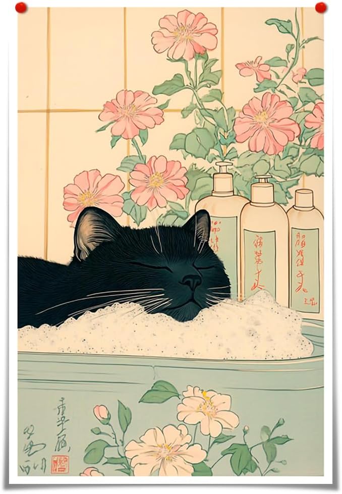 Relaxation Japanese Poster Print Cute Black Cat Wall Art Decor Bathtub Pink Flowers and Green Leaves Picture Canvas Minimalist Japan Artwork for Bathroom Bedroom Toilet Kids Room 16x24inch Unframed
