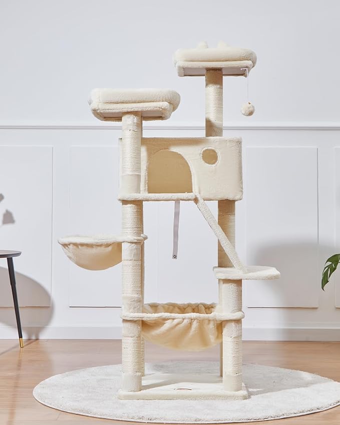 Taoqimiao Cat Tree 57.5-Inch, Cat Tower for Indoor Cats Large Adult, Extra Large Cat Condo, 8 Sisal Scratching Posts, Metal Frame Cozy Hammock, Durable Scratch Board, 2 Top Perches, Beige MS026M